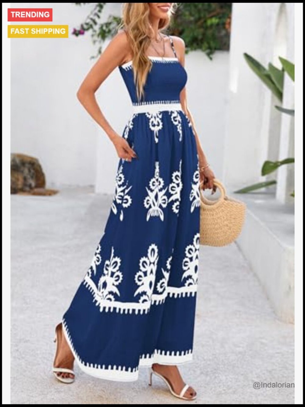 Floral Smocked Boho Maxi Dress with Pockets Sleeveless Flowy Beach Vacation - Picture 4 of 7